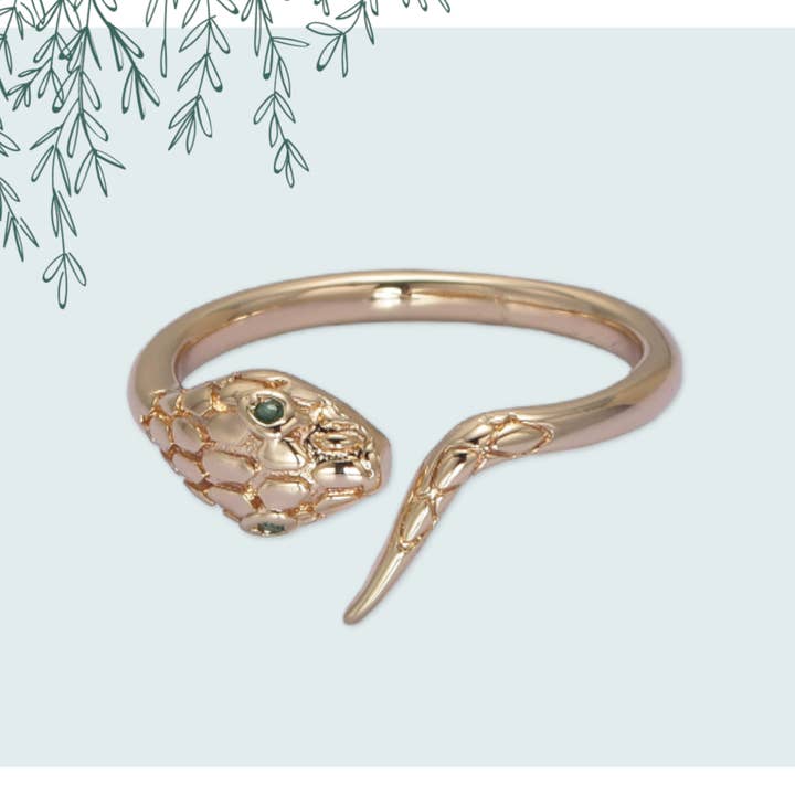 Aim Eternal - Wholesale Signet Ring - Dainty Gold Serpent Snake Head Ring with Green CZ Eye1