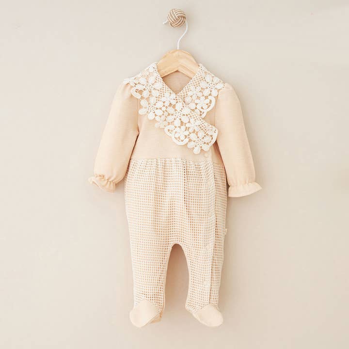 Omnis Pura - Wholesale Jumpsuit - Baby - Girl Natural Lace Fishnet Design Footed Onesie 0-12M