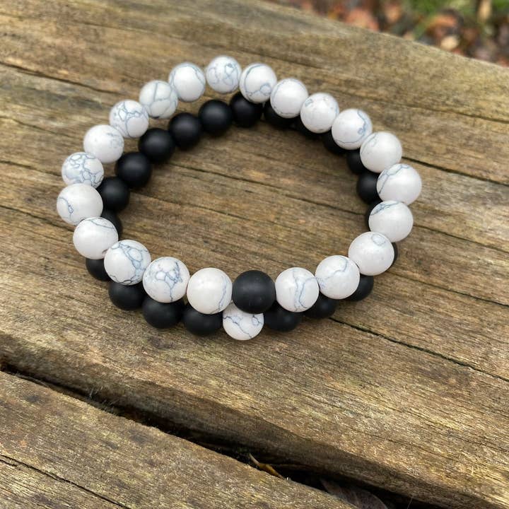 Black Agate and White Howlite Elastic Distance Couple Bracelets for wholesale by Boutique Bohème