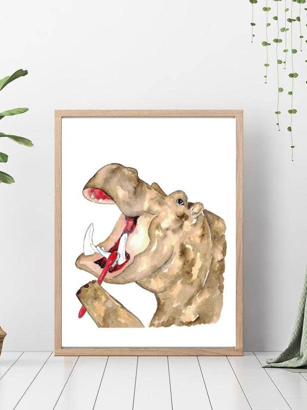 Hippo Brushing Teeth Watercolor Painting Print for wholesale by Goodfairyart