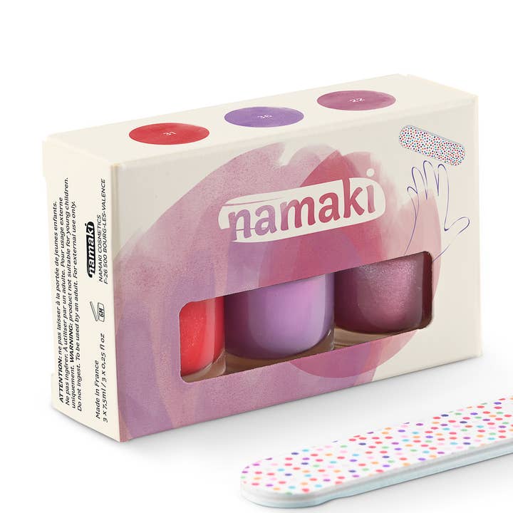 C.1-Coffret 3 Vernis à ongles Griotte , Mauve, Rose pailleté pour la vente par Namaki Cosmetics