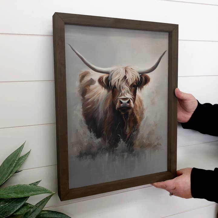 Hangout Home - Wholesale Art Print - Gray Highland Cow - Farmhouse Canvas Art - Framed Nature Art