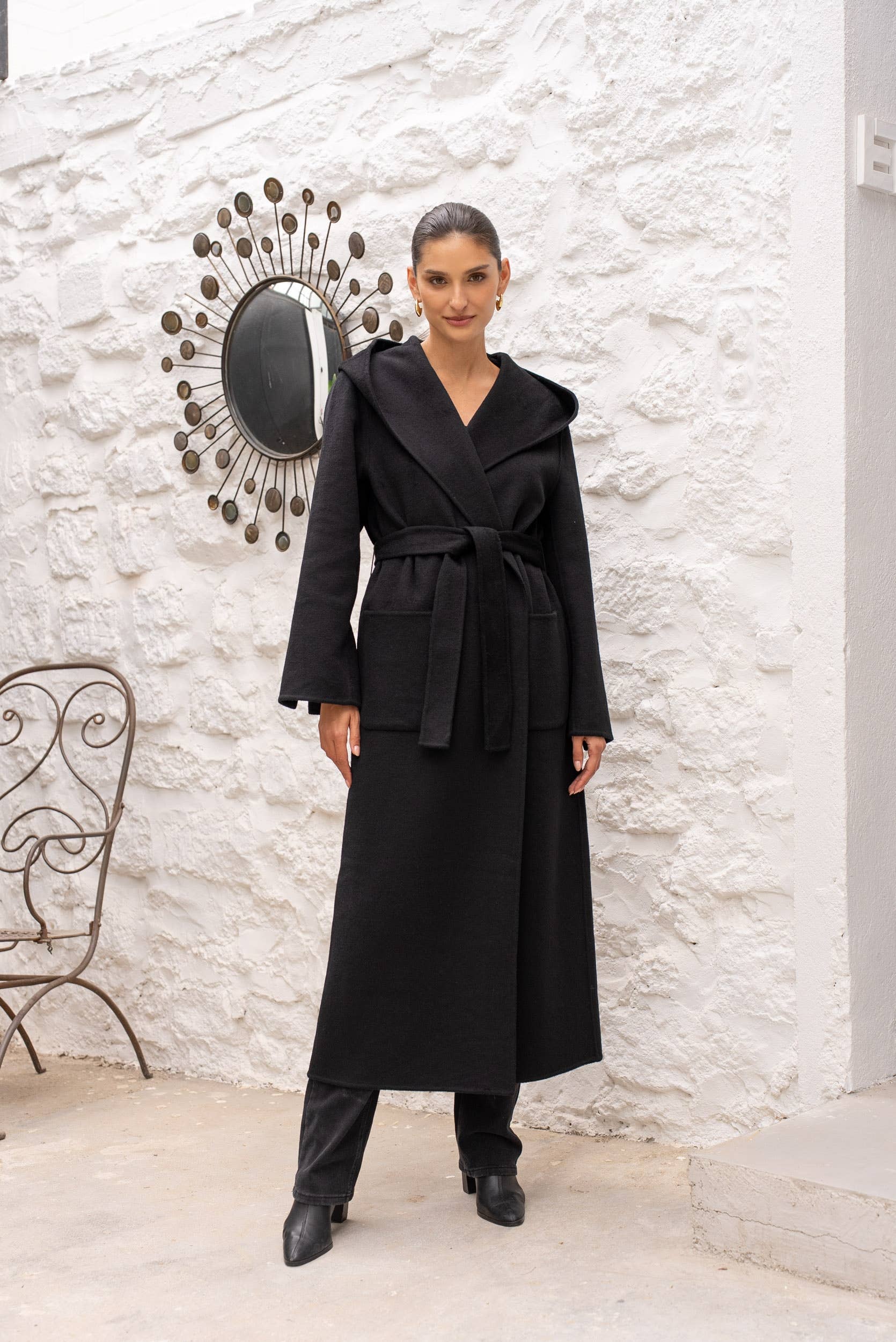 Attentif Paris - Wholesale Coat - Women's - Hand-sewn long wool coat with large hood and belt27