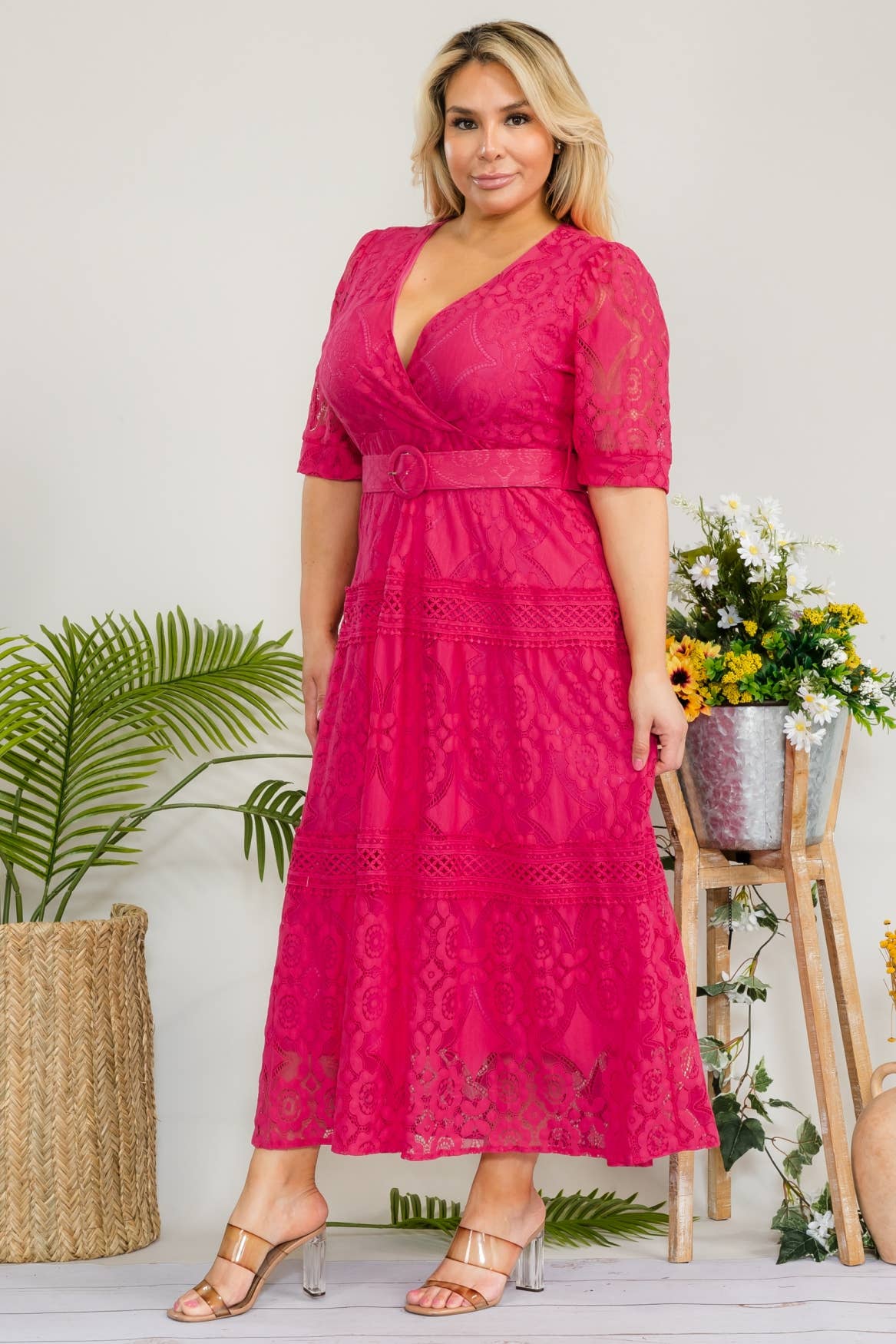 Fashion Space - Venta al por mayor Vestido - Mujer - Vestido maxi de encaje sólido para mujer de talla grande2