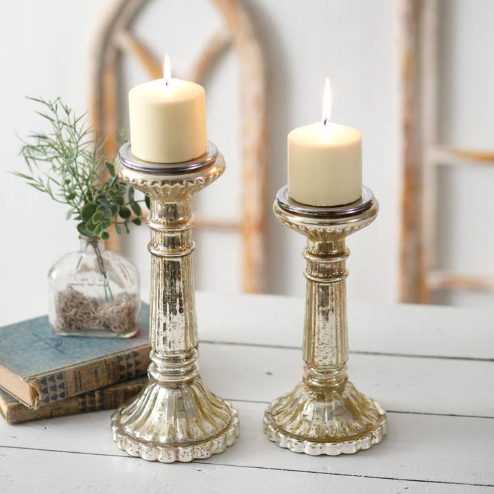 CTW Home Collection - Wholesale Candle Holder - Set of Two Mercury Glass Pillar Candle Holders
