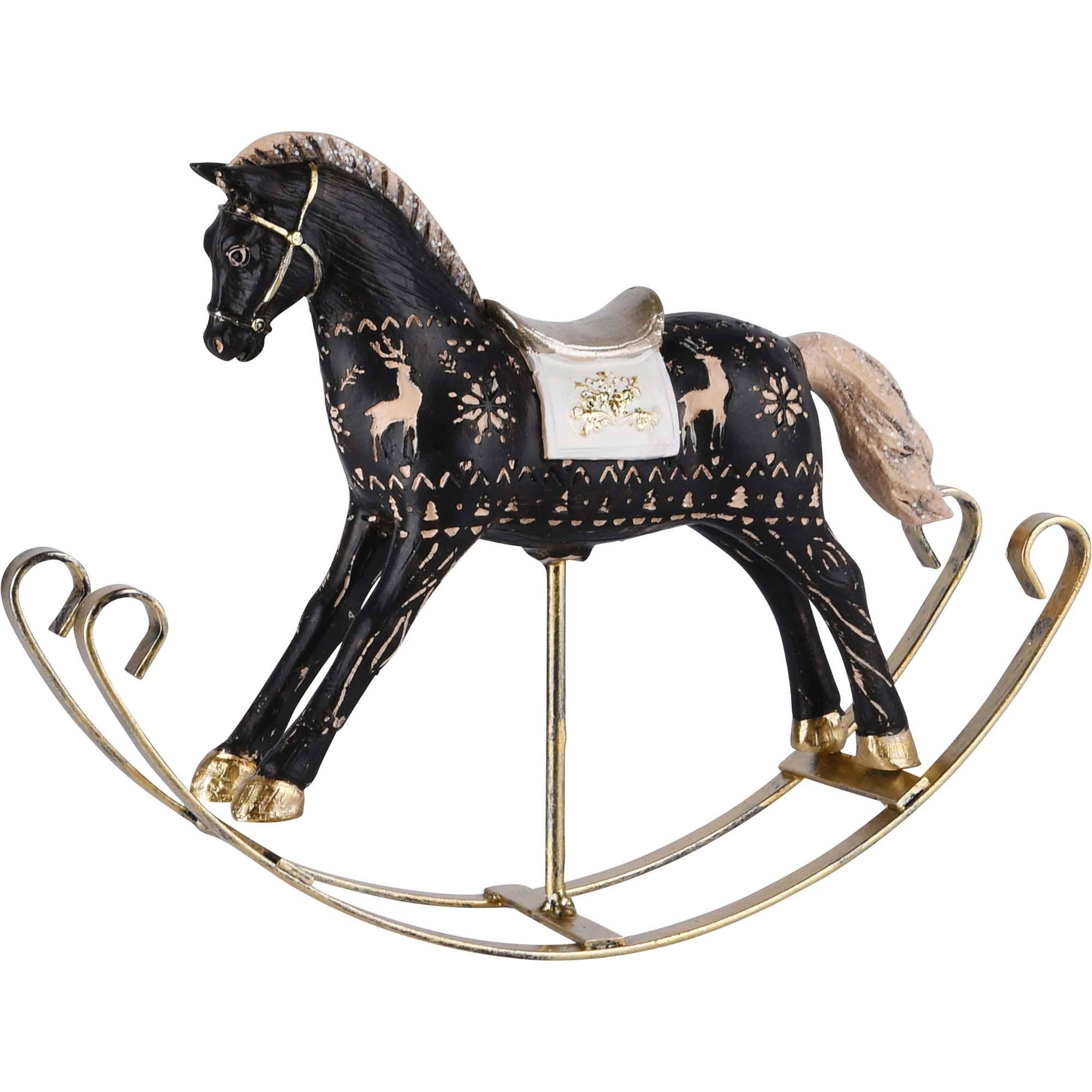Dekoratief – Engroshandel Pyntefigur – Gyngestol Hest i Sort/Guld af Polyresin, 22 x 5 x 16 cm0