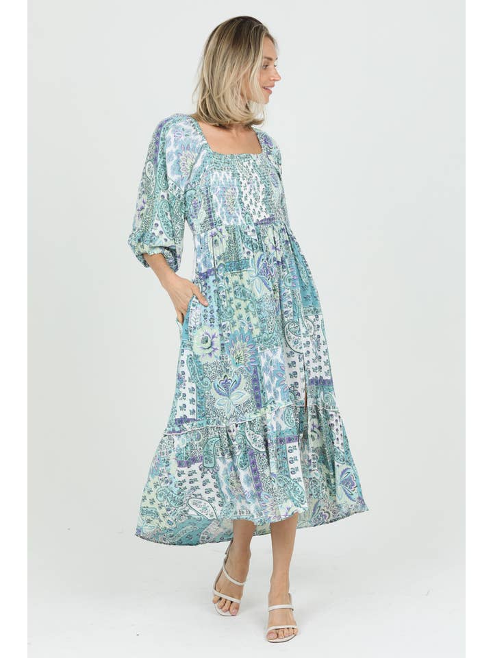ANGIE - Wholesale Dress - Women's - C4B32-W909 SMOCKED BODICE MAXI DRESS WITH SLIT AND POCKETS