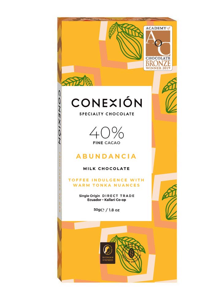 Barre Abundancia 40 % : chocolat au lait caramélisé pour la vente par Conexión Chocolate