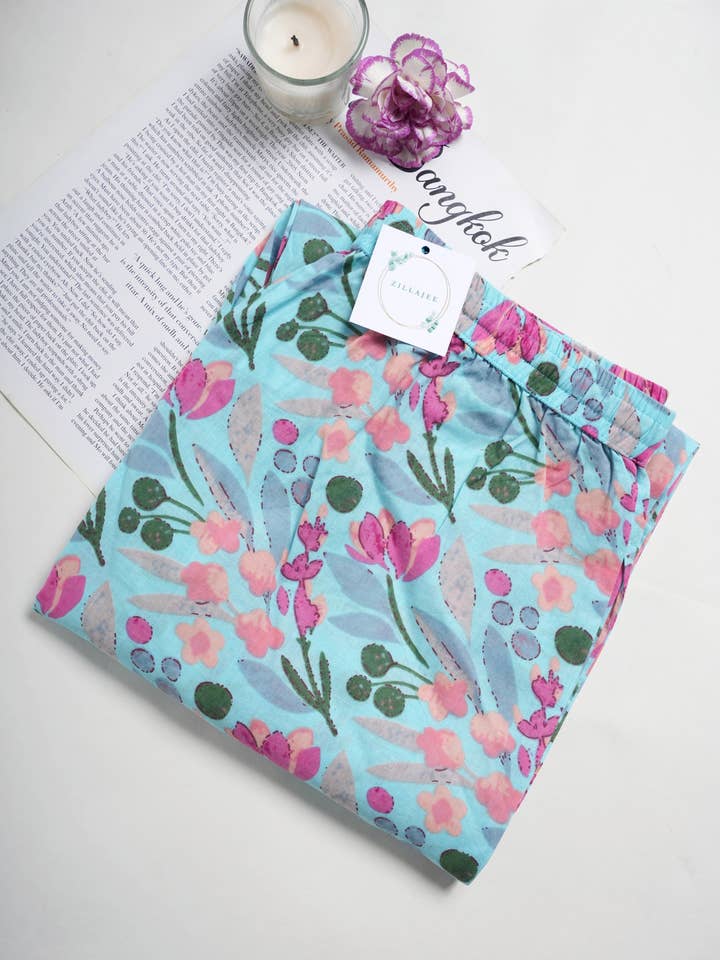 Pajama Bottoms, 100 Cotton, Lounge Sleepwear - Floral Azure for wholesale by Zillajee