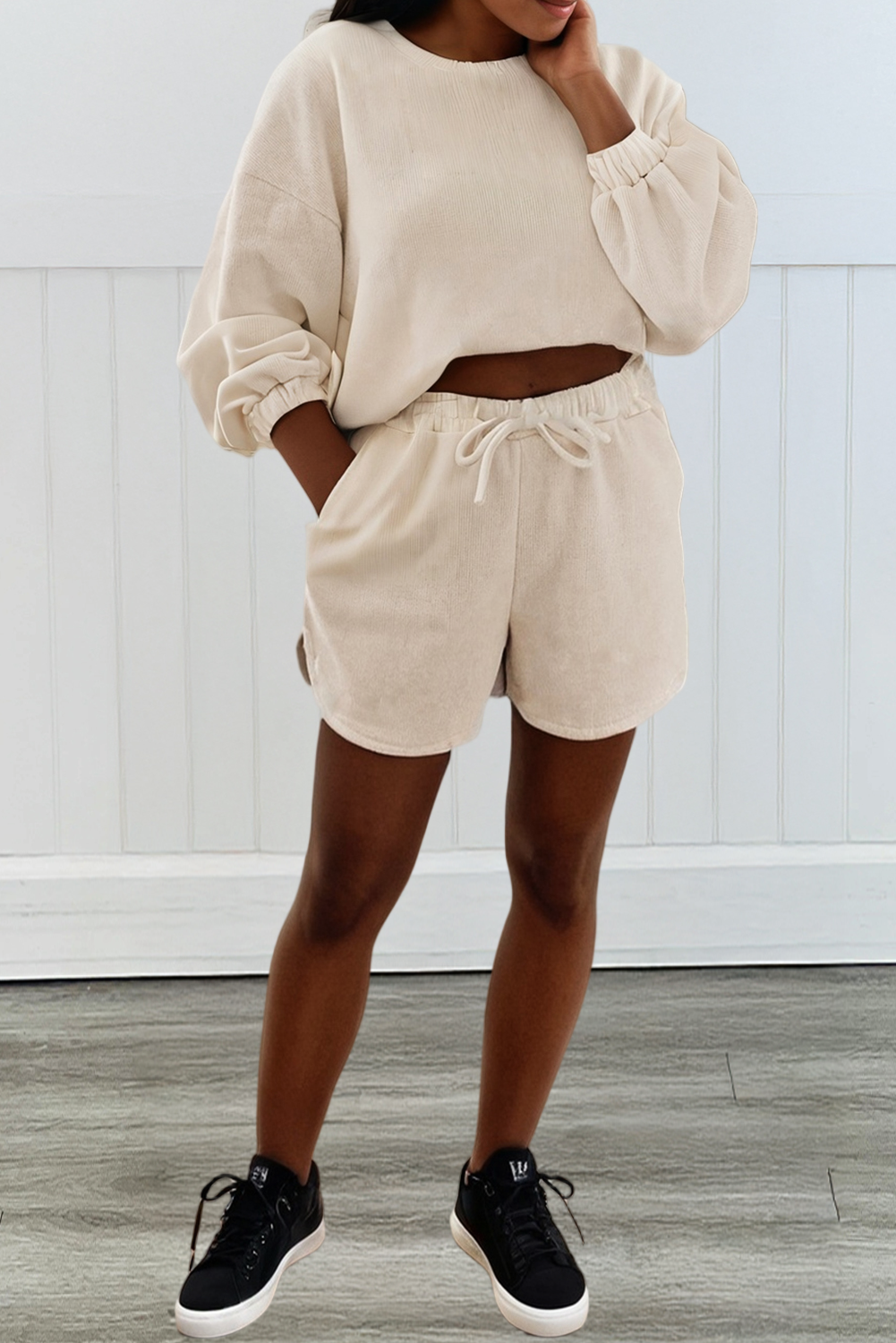 LA Society - Wholesale Lounge Set - Women's - LAS Textured Knit Pullover Drawstring Shorts Sets (S-XL)5