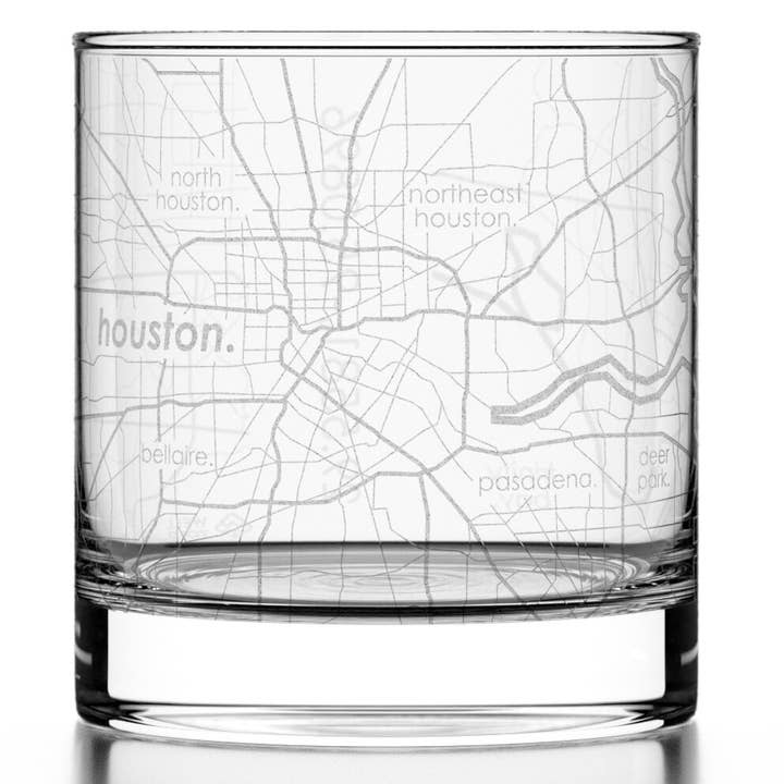 Houston, TX City Map - Etched Whiskey Rocks Glass for wholesale by Well Told