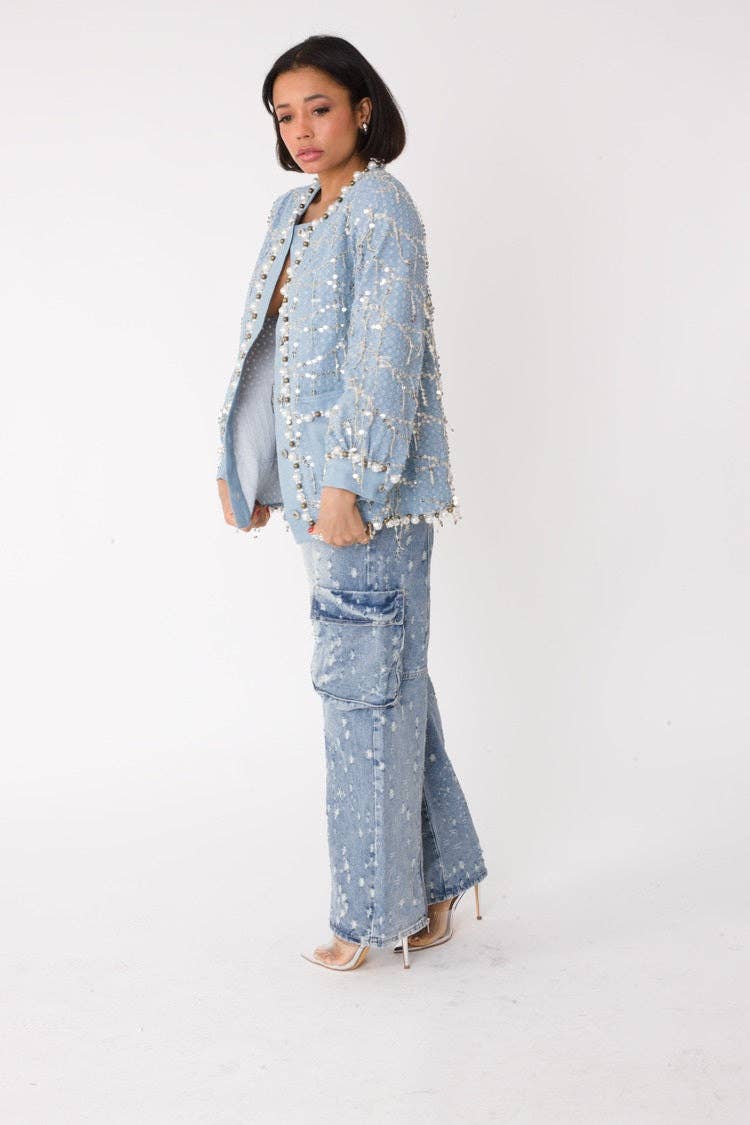 DENIM Blå denimjacka med paljetter och pärlor– 82384 för wholesale på Faire0