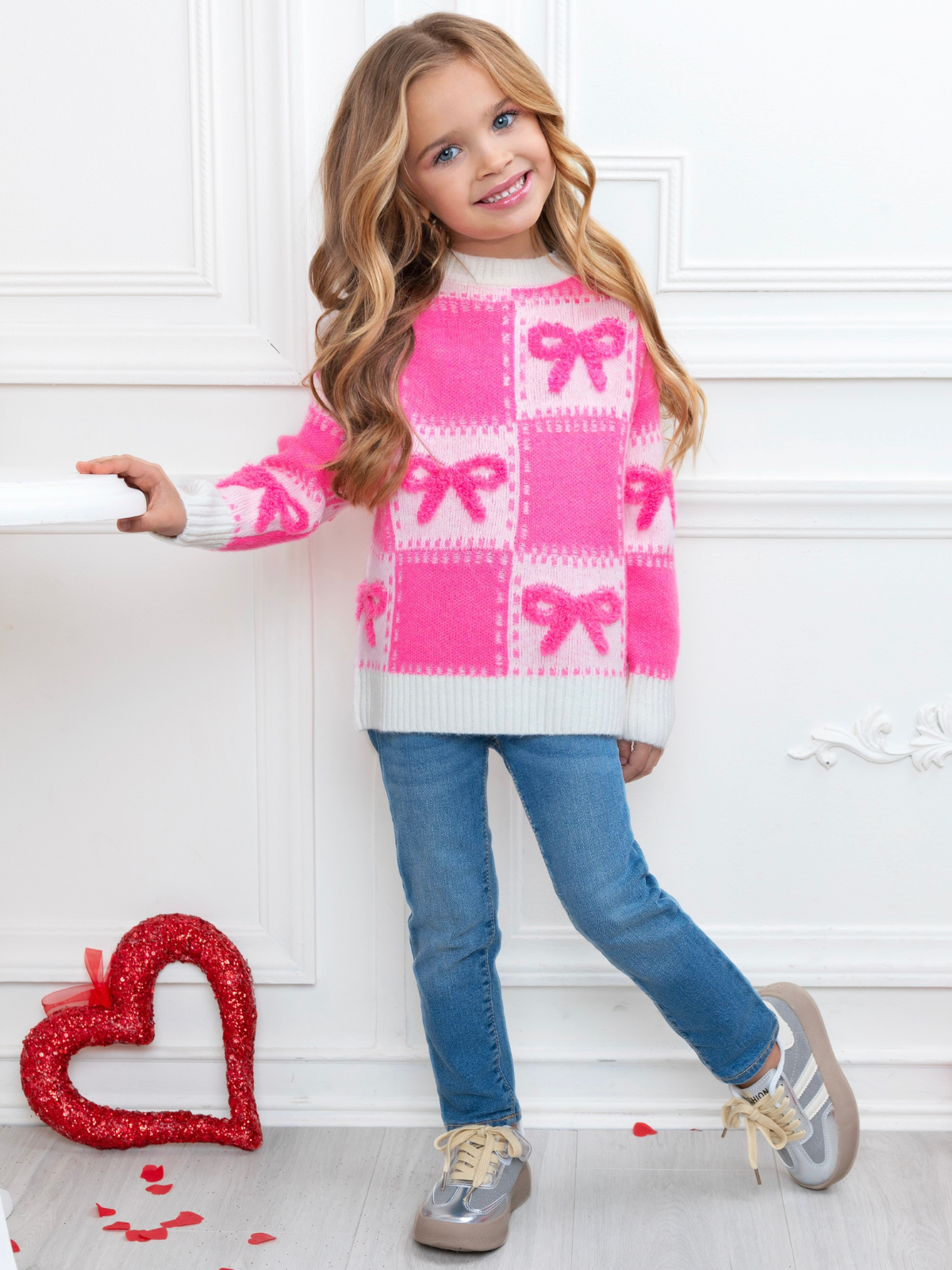 Sweet Bow Pink Checkered Knit Sweater for wholesale on Faire10