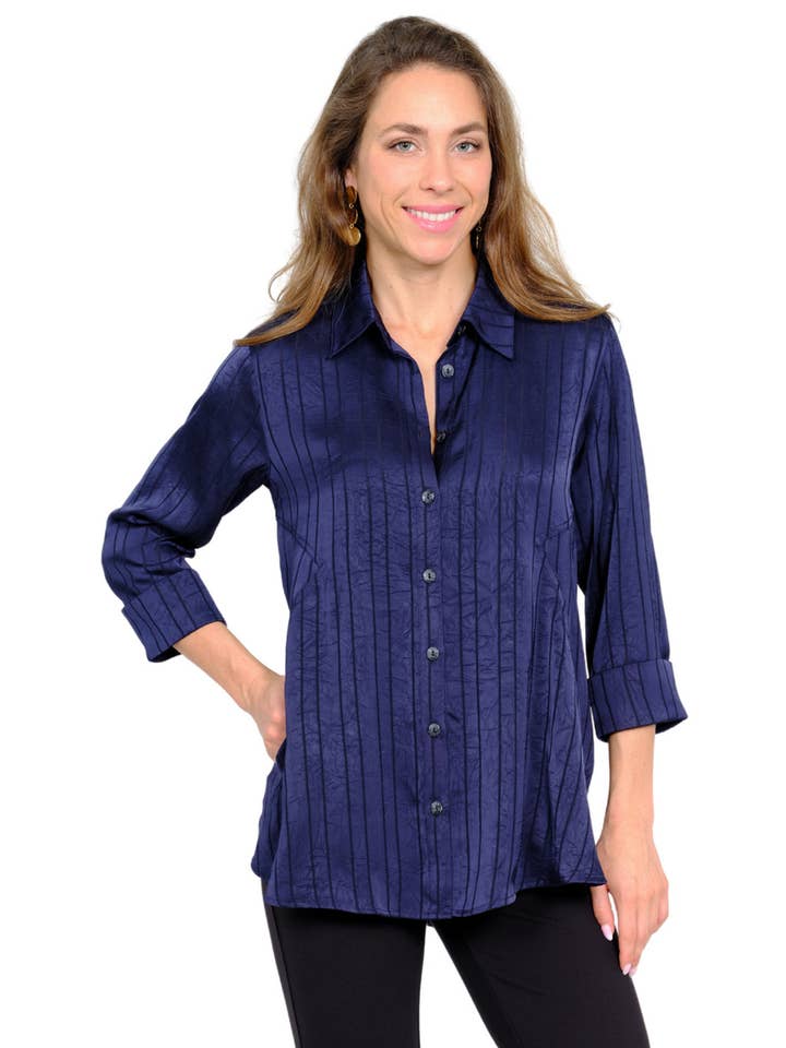 Lior 3/4 Jewel Blue Collared Tunic With Satin-Feel - Valor for wholesale by LIOR / ALISHA D