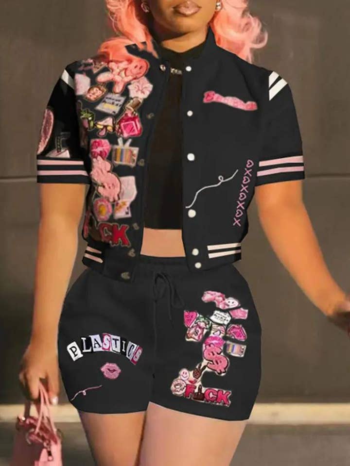 Flarix - Wholesale Top & Short Set (NOT Loungewear) - Women's - letter graphic pattern baseball top shorts set1