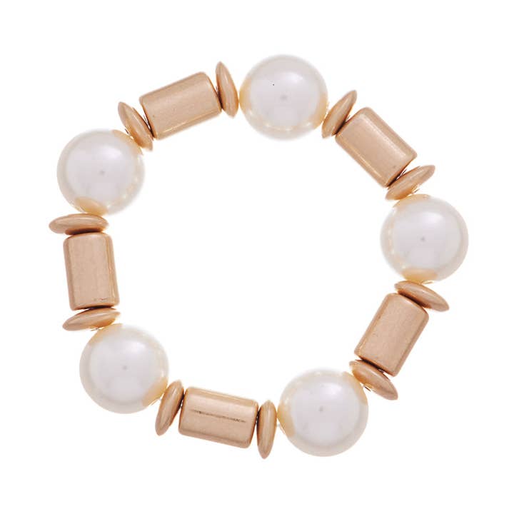 Gold Cylinder and Pearl Beaded Stretch Bracelet for wholesale by What's Hot