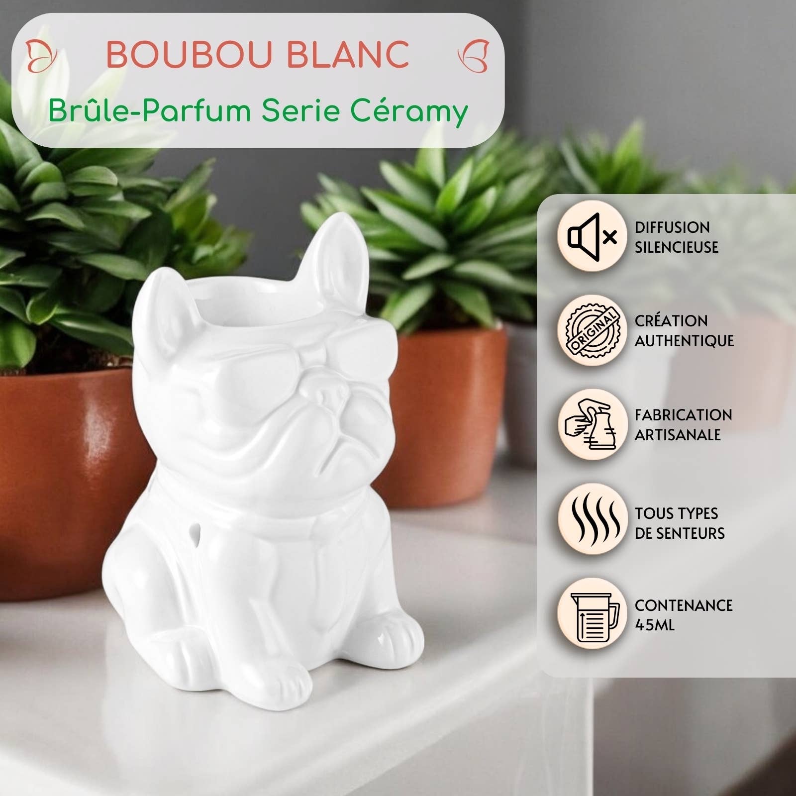 Zen'Arôme - Wholesale Tapered Candle/Candlestick - White Boubou French Bulldog Ceramic Incense Burner2