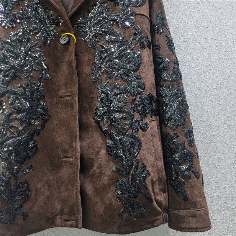 M161 Brown Sequin Embroidered Suede Moto Jacket for wholesale on Faire3