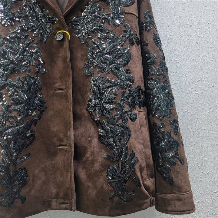 M161 Brown Sequin Embroidered Suede Moto Jacket for wholesale on Faire3