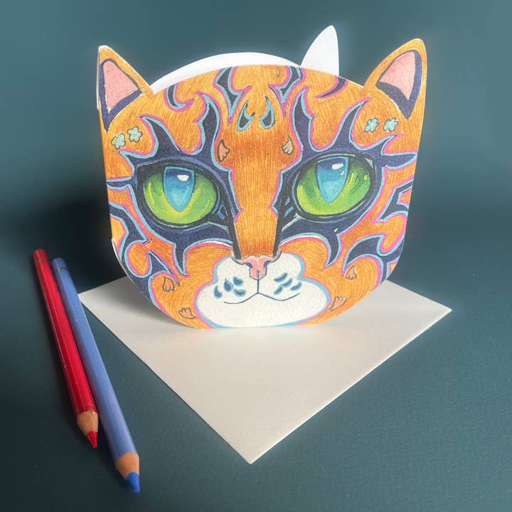 Orange Cat Face - Die Cut Greetings Card for wholesale by The DM Collection ( We cover US import Duties)
