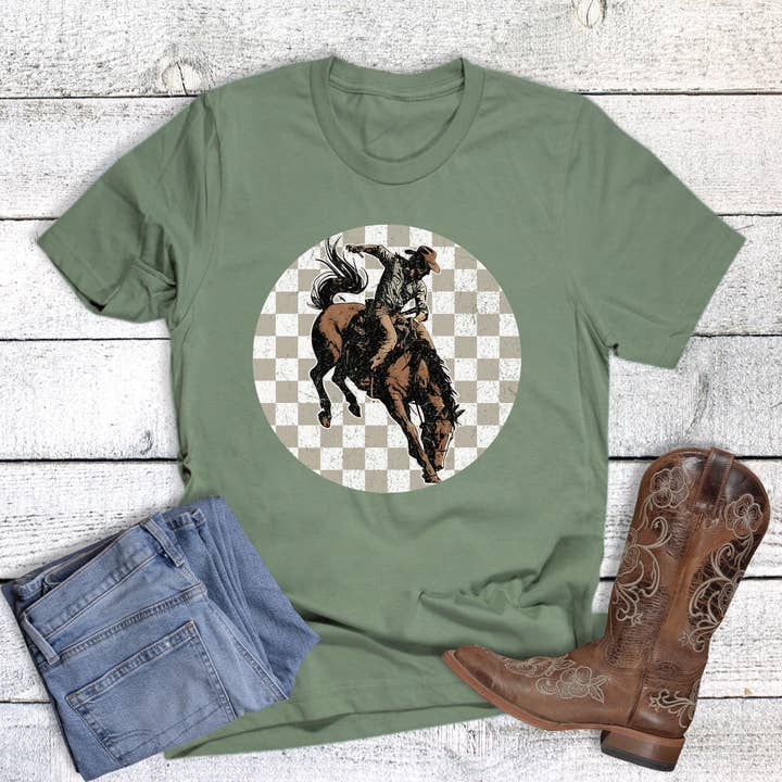Camiseta Gráfica Western Check Buckin' Bronc por atacado de Rebel Rose