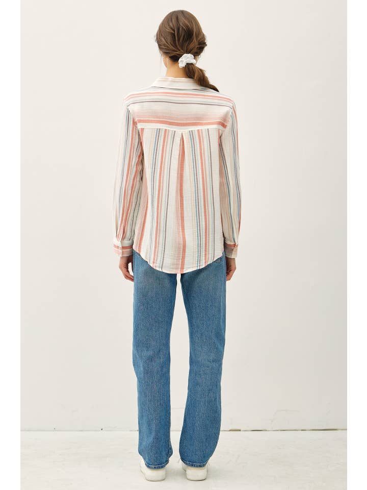 Be Cool - Wholesale Button Down Shirt - Women's - STRIPED GAUZY BUTTON UP TOP W/ ROLL UP SLEEVES