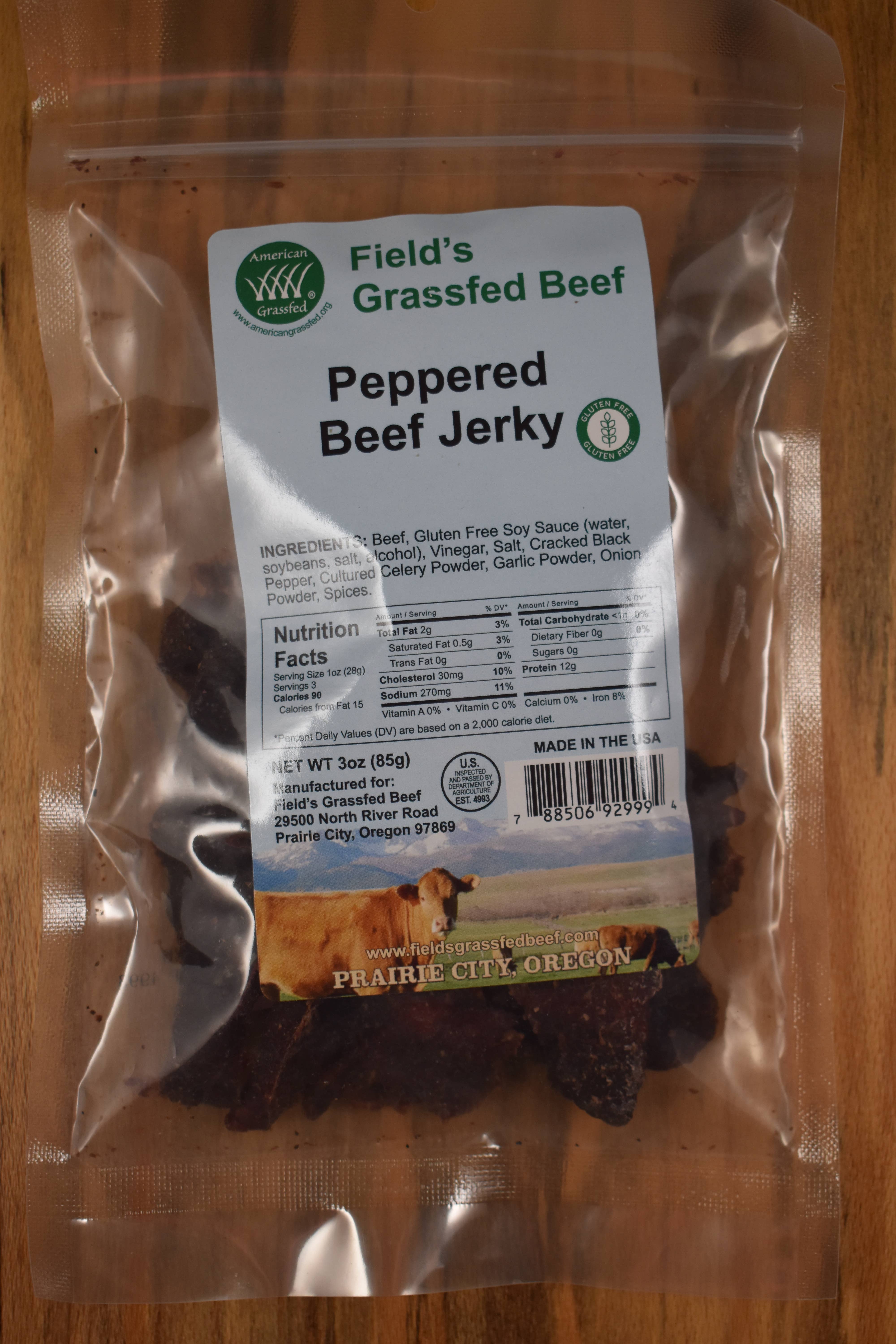 Field's Grassfed Beef - Wholesale Jerky - Peppered 100% Grassfed Beef Jerky (Case: 12 3oz Packages)1