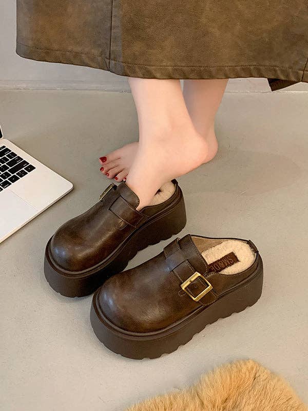 VividLux - Wholesale Loafers - Women's - Belt Buckle Round-Toe Split-Joint Loafers Platform Shoes Slippers&Mules4