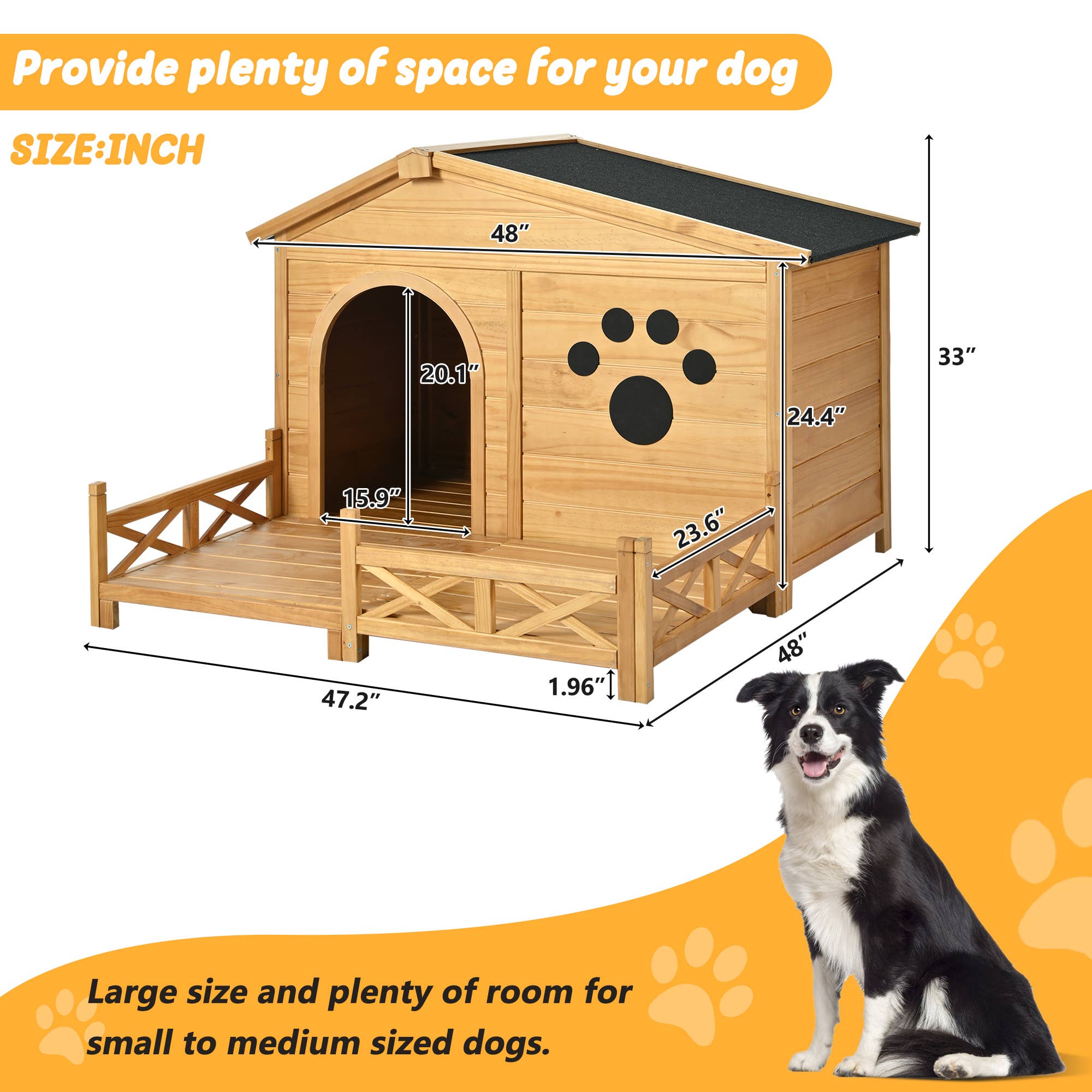 Natural Wooden Dog House with Porch, Water-Resistant Roof & Fencing for wholesale on Faire7