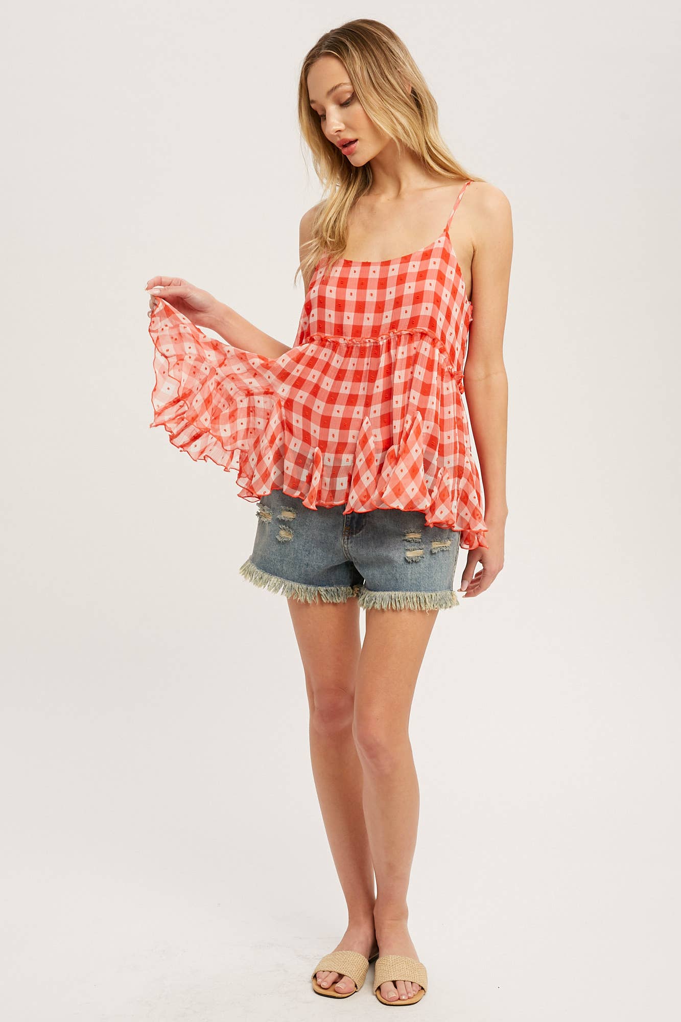 Bluivy – Top interior – Mulher por atacado – CAMI DE BAINHA DE BABADO DE CHIFFON XADREZ5