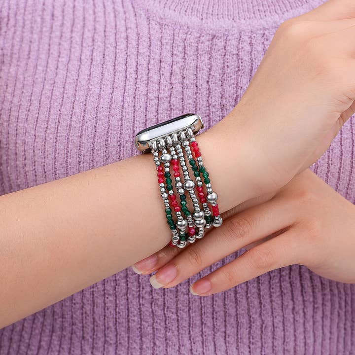 Free Spirit Shop - Wholesale Watch Band/Strap - Women's - Holiday Sparkle Red Green & Silver Beaded Apple Watch Band