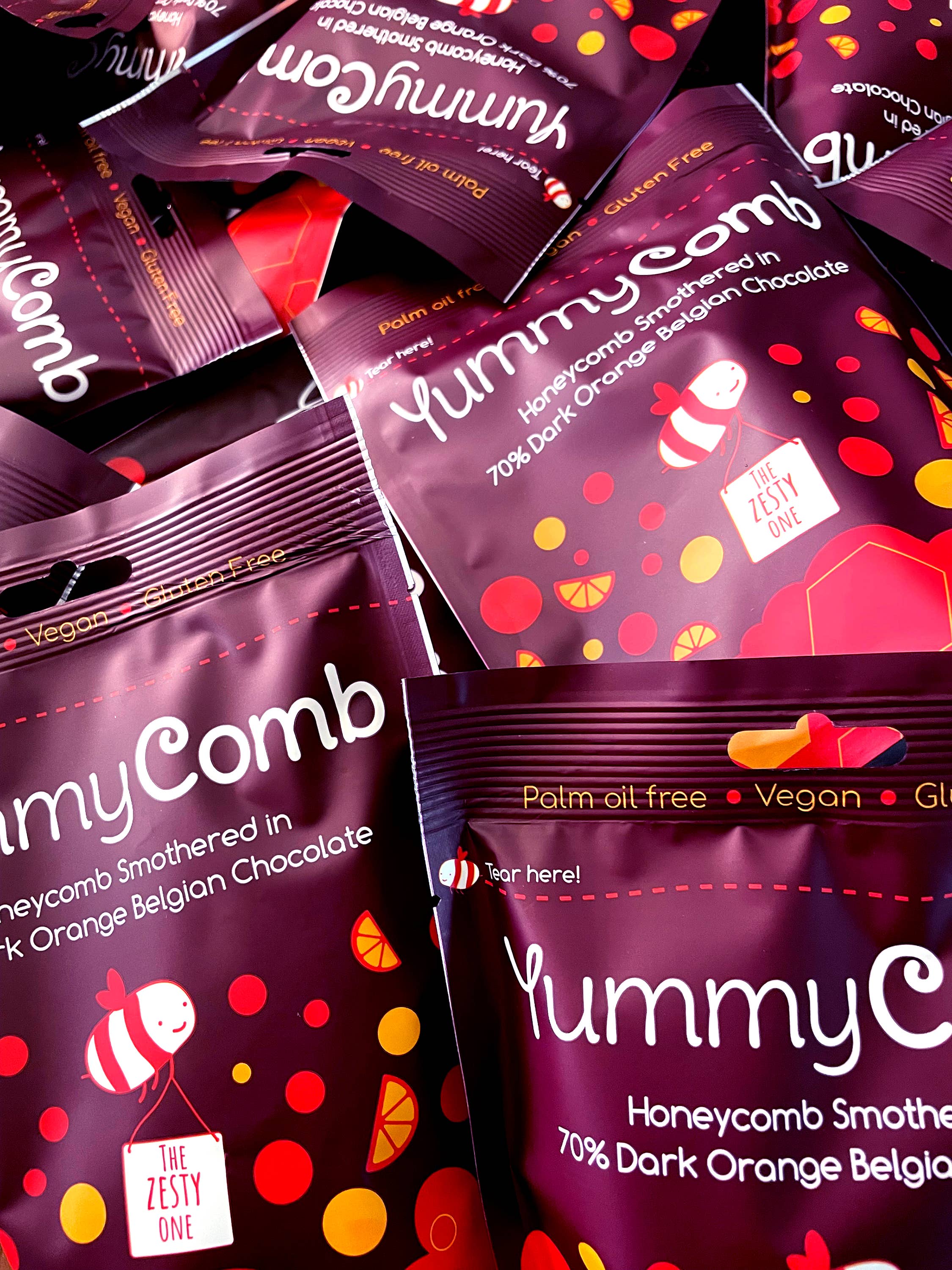 Yummycomb - Wholesale Chocolate Covered Sweets - 6 x 70% Dark Orange Belgian Chocolate Honeycomb pouches 100g4