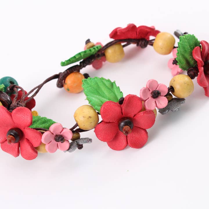 Sunflower Handmade leather inc – wholesale Pärlarmband – läderblommigt snyggt armband med träpärlor