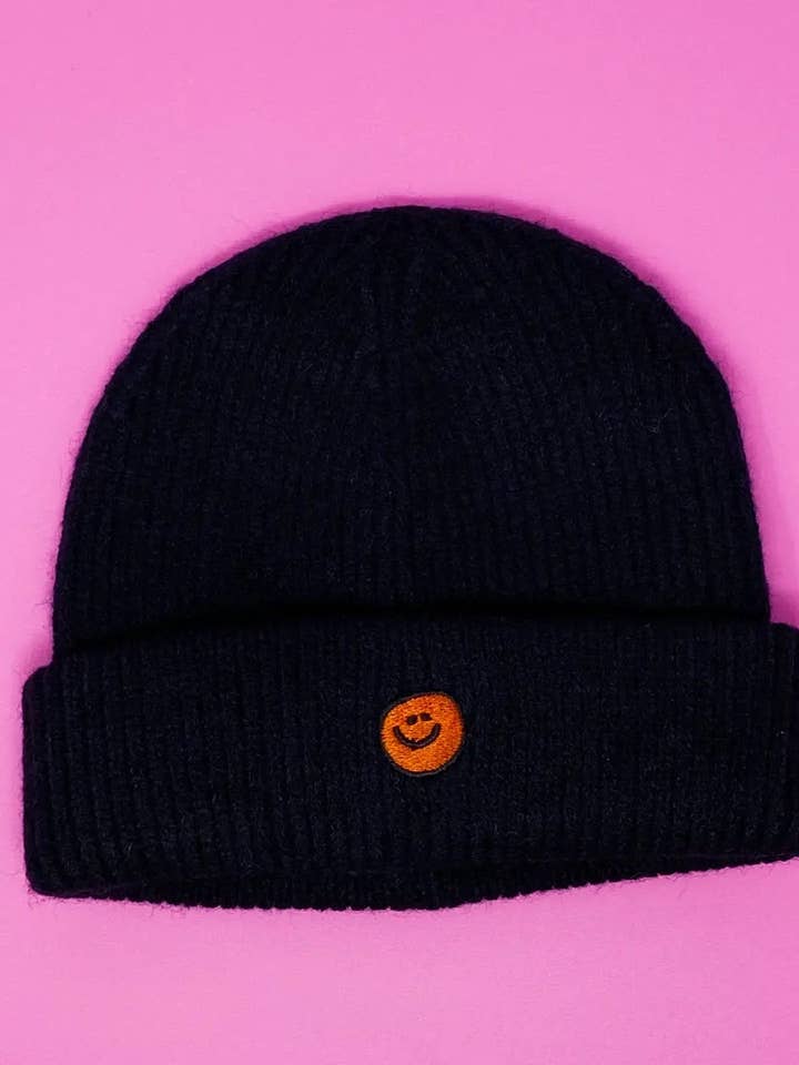 Simply Smiley Beanie Black for wholesale by Divine Coast Boutique