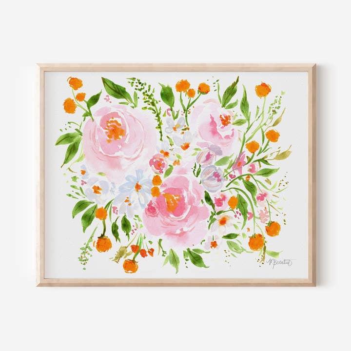 Stampa Floreale da Parete | Opera d'Arte Floreale | Arte Botanica | Decorazione per Cameretta Bambina | Dipinto di Fiori | Esplosione Arancione per la vendita all'ingrosso da parte di February Rose LLC