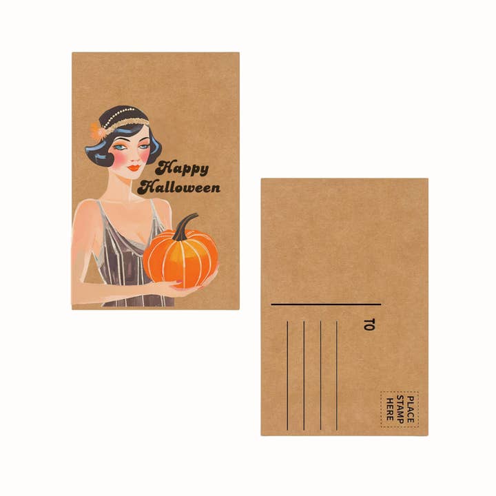Retro Happy Halloween art deco roaring 20s postcard for wholesale by Cryptic Paper Co.