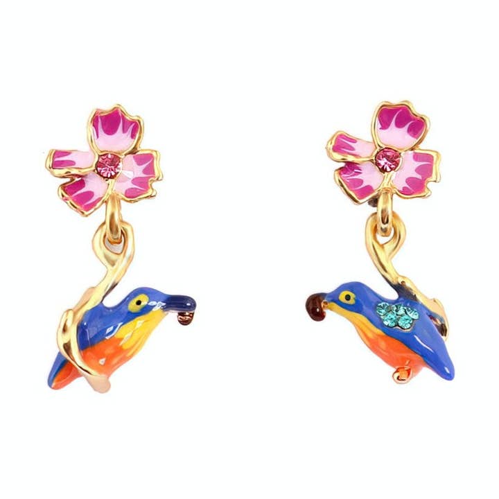 Enamel Bluebird Earrings Gold-plated Zircon Flower S925 Silv for wholesale by Exsito