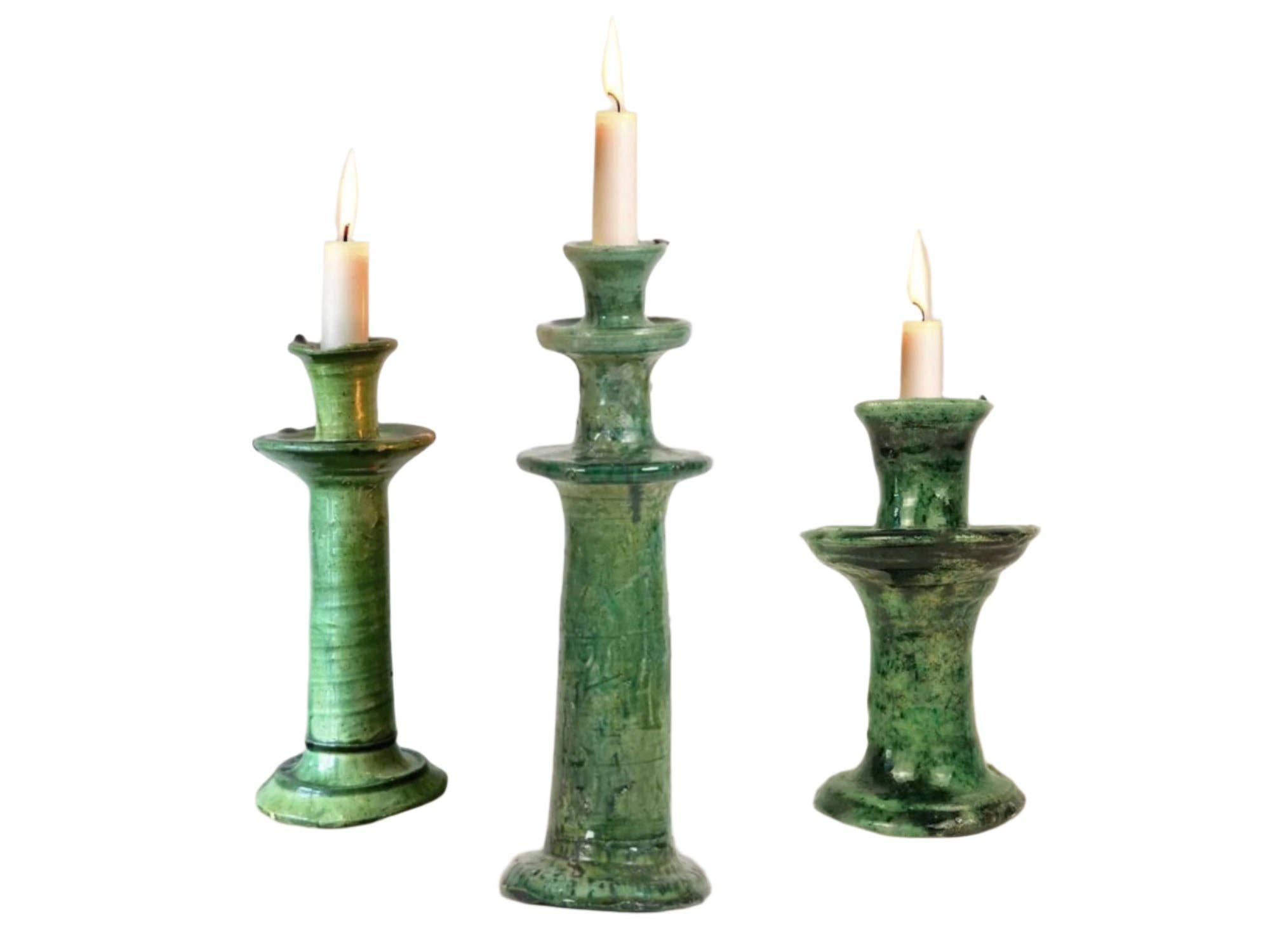 Moroccantastics - Wholesale Candle Holder - Handmade Tamegroute Candleholder Set – Tall Green Moroccan Pottery: Set of 3 Ceramic Glazed Pottery4