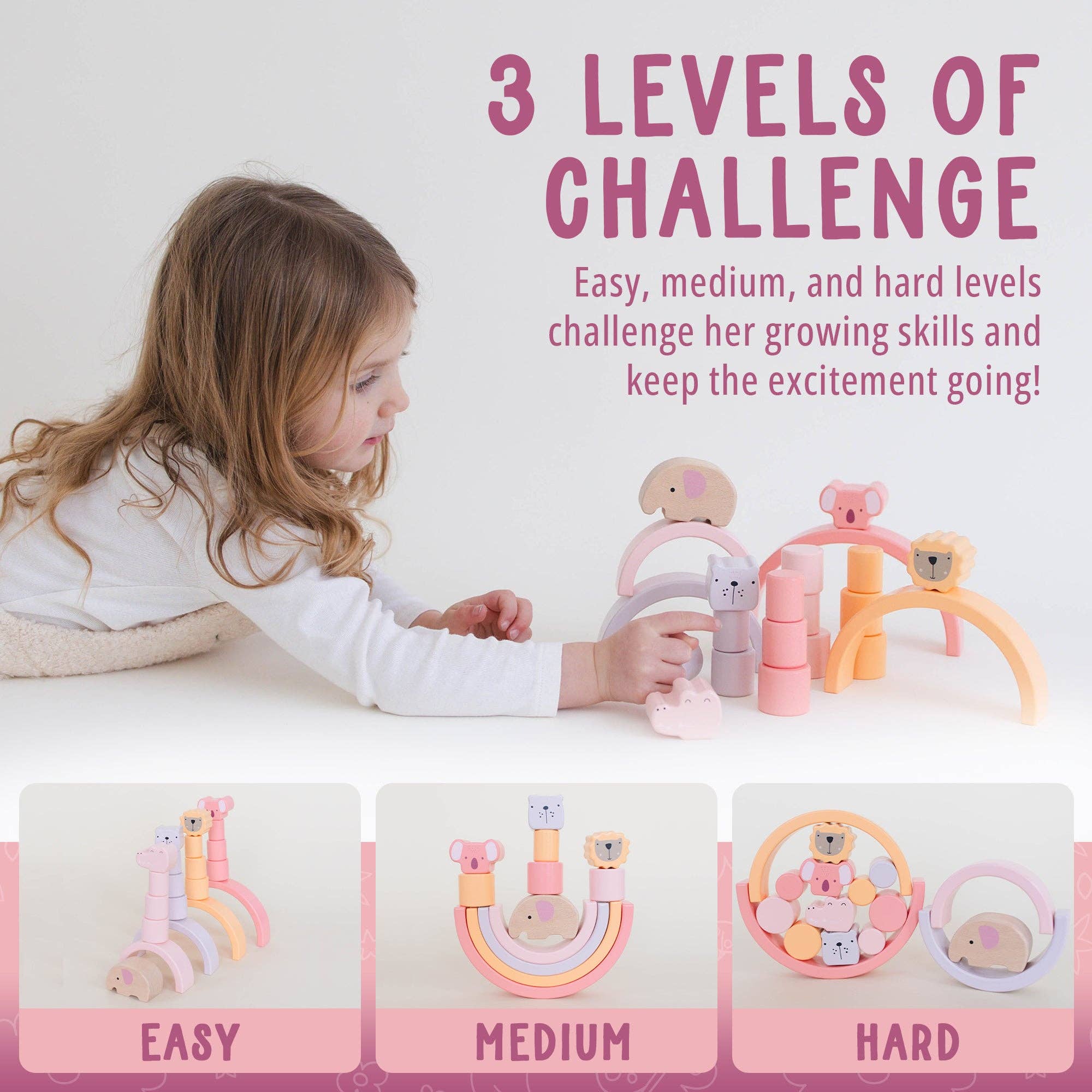 Spirit 'N Sprout - Wholesale Stacking Rings Game - Baby - Pink Animal Stacking Set - 21 Pieces included with Storage Bag - Wooden Rainbow Stacker Gift for Girls7