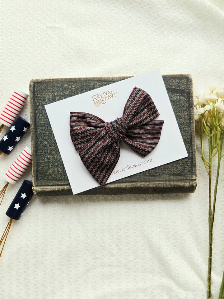 Large Handtied Bow on Clip • Patriotic Railroad Stripe for wholesale by Revival Bow Co.