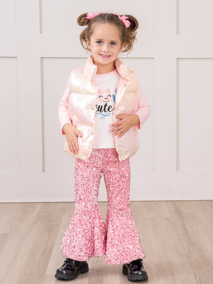 Marie Nicole Clothing - Wholesale Top & Pant Set - Kids - Pink "Snow Cute" Sequin Bell Bottoms Outfit