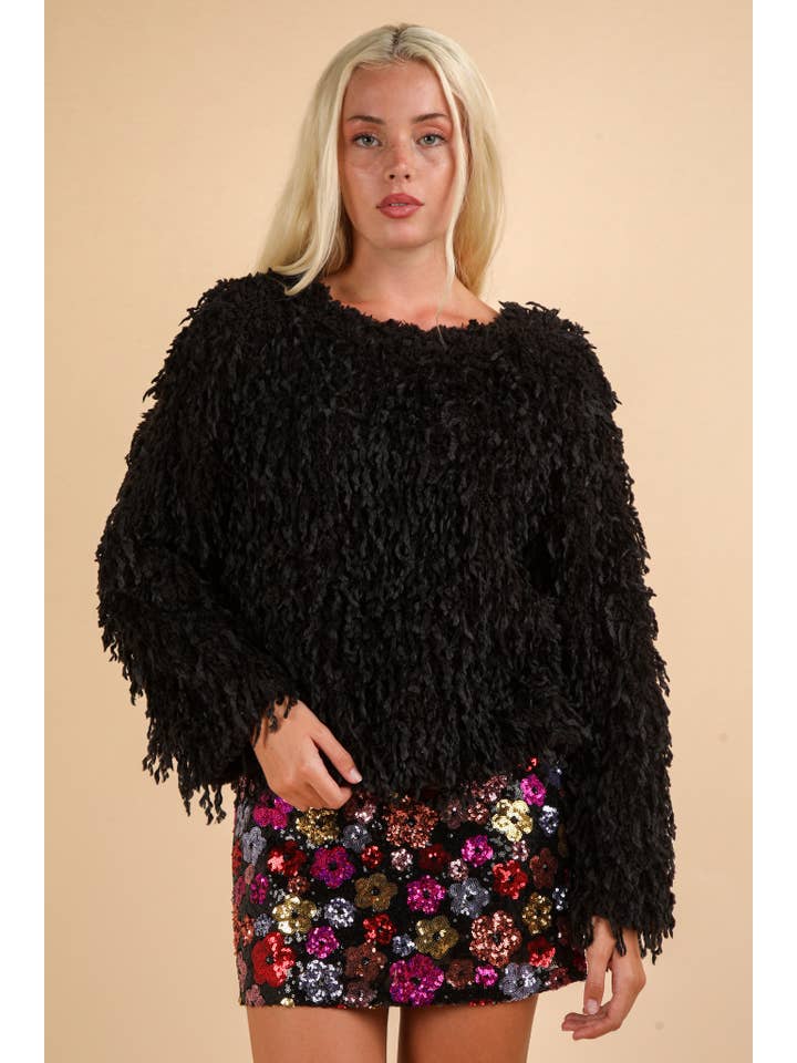VERY J - Wholesale Knit Top - Women's - NT11714-Holiday Fur Knit Top with Back Velvet Ribbon