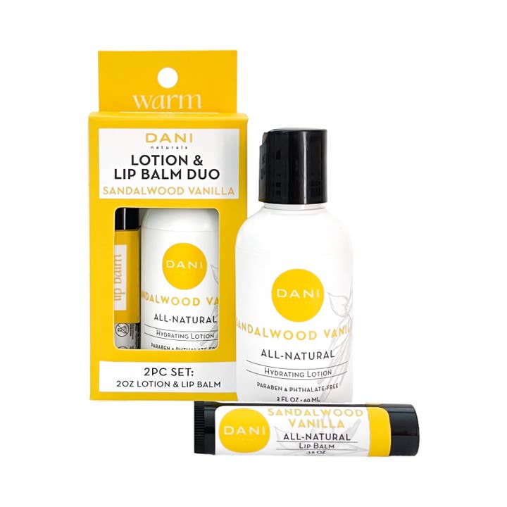 DANI Naturals - Vente Assortiment de baumes à lèvres - Coffret cadeau - Duo de lotion et de baume à lèvres, bois de santal et vanille3