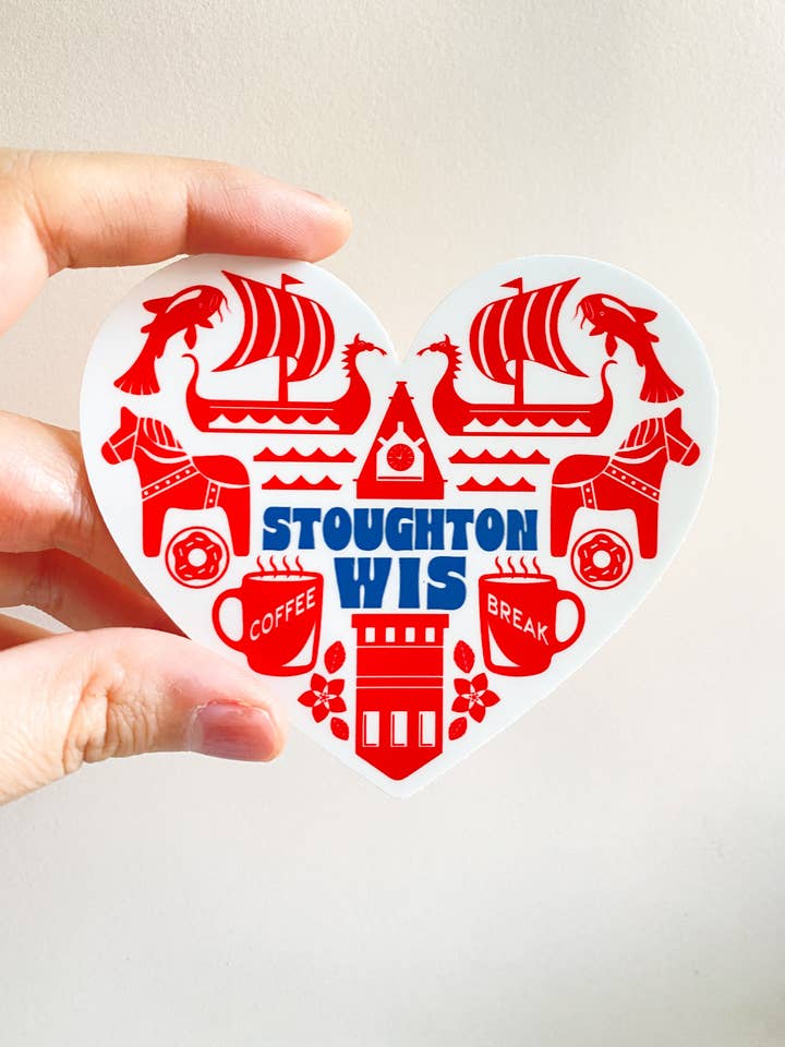 Stoughton Wisconsin Heart Icons Vinyl Sticker for wholesale by Bottlebrush Graphics