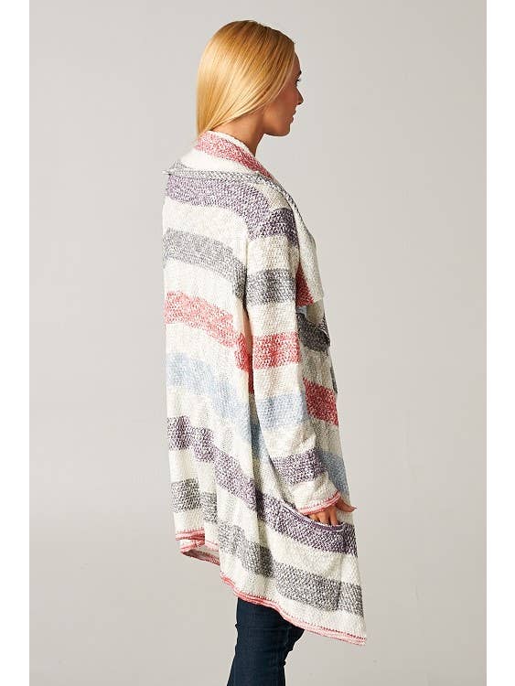 Lovestitch - Wholesale Cardigan - Women's - Striped Marled Knit Cardigan Sweater