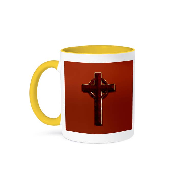 3dRose - Wholesale Coffee Mug - 3dRose, Beautiful celtic cross, looks like fine jewelry, crimson marble print, gold trim on red background, Mug