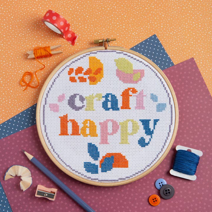 Hawthorn Handmade - Wholesale Embroidery/Cross Stitch Supplies - Craft Happy Cross Stitch Kit | Beginner Craft Kit