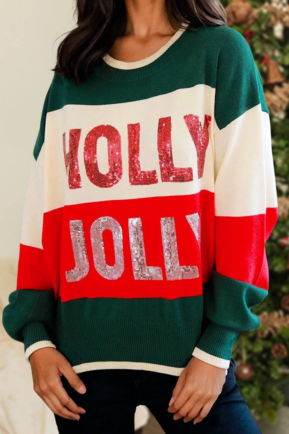Aapparella - Wholesale Knit Sweater - Women's - HOLLY JOLLY Sequin Patch Colorblock Sweater | S-XL5