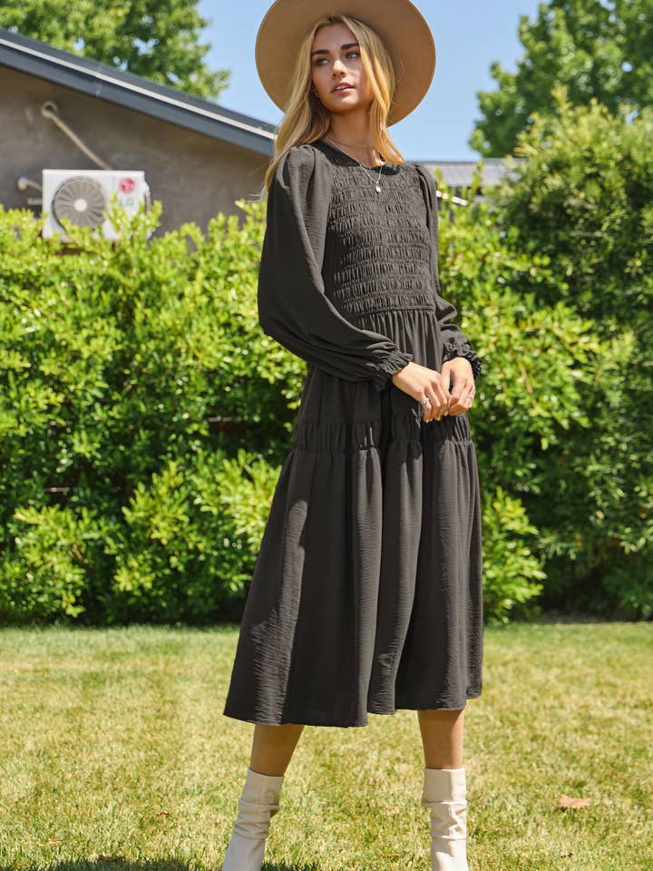 Solid Airflow Smocked Bodice Midi Dress for wholesale by Oddi