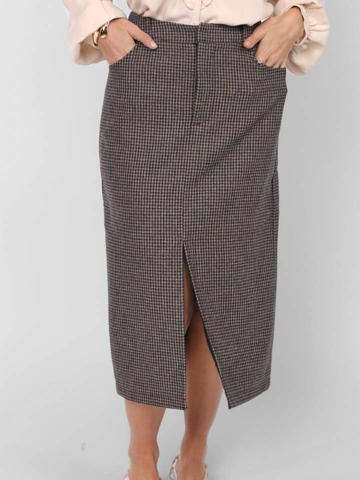 Outta Here Houndstooth Midi Skirt W Slit : TAUPE BLACK for wholesale by Sadie & Sage